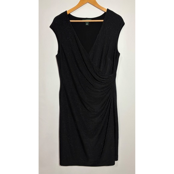 Lauren Ralph Lauren Dresses & Skirts - Lauren Ralph Lauren Dress Sz 16 Black Metallic Faux Wrap Ruched Sheath Shimmer